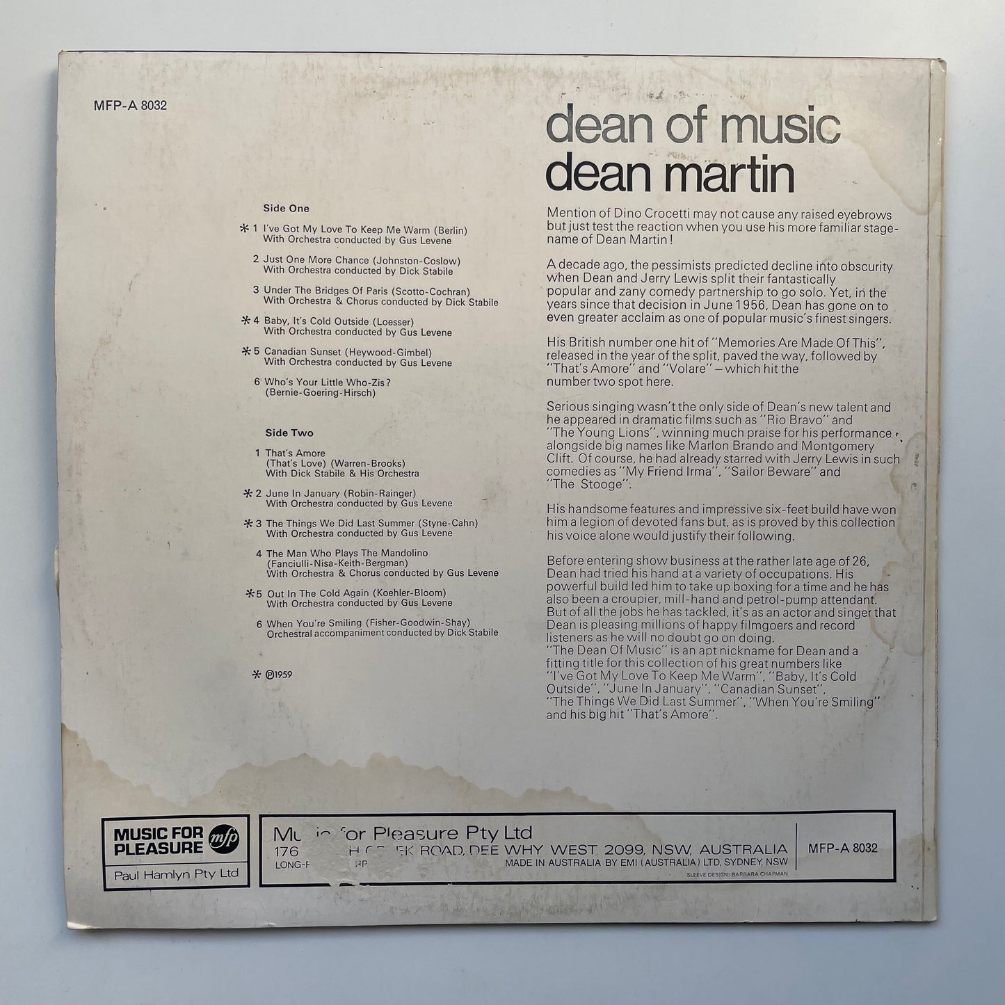 Vinyl Record LP Dean Martin Dean of Music 1966