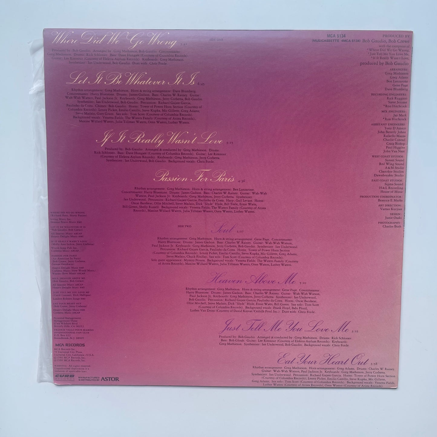 Vinyl Record LP Frankie Valli 1980