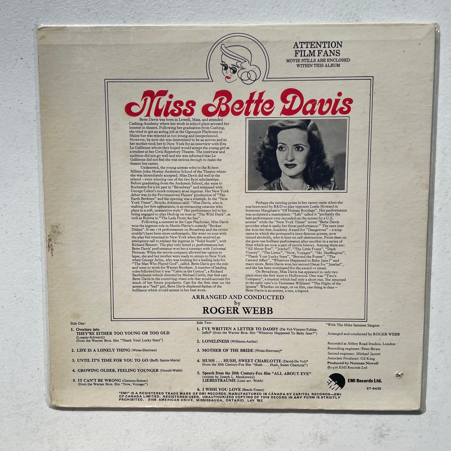 Vinyl Record LP Miss Bette Davis 1976