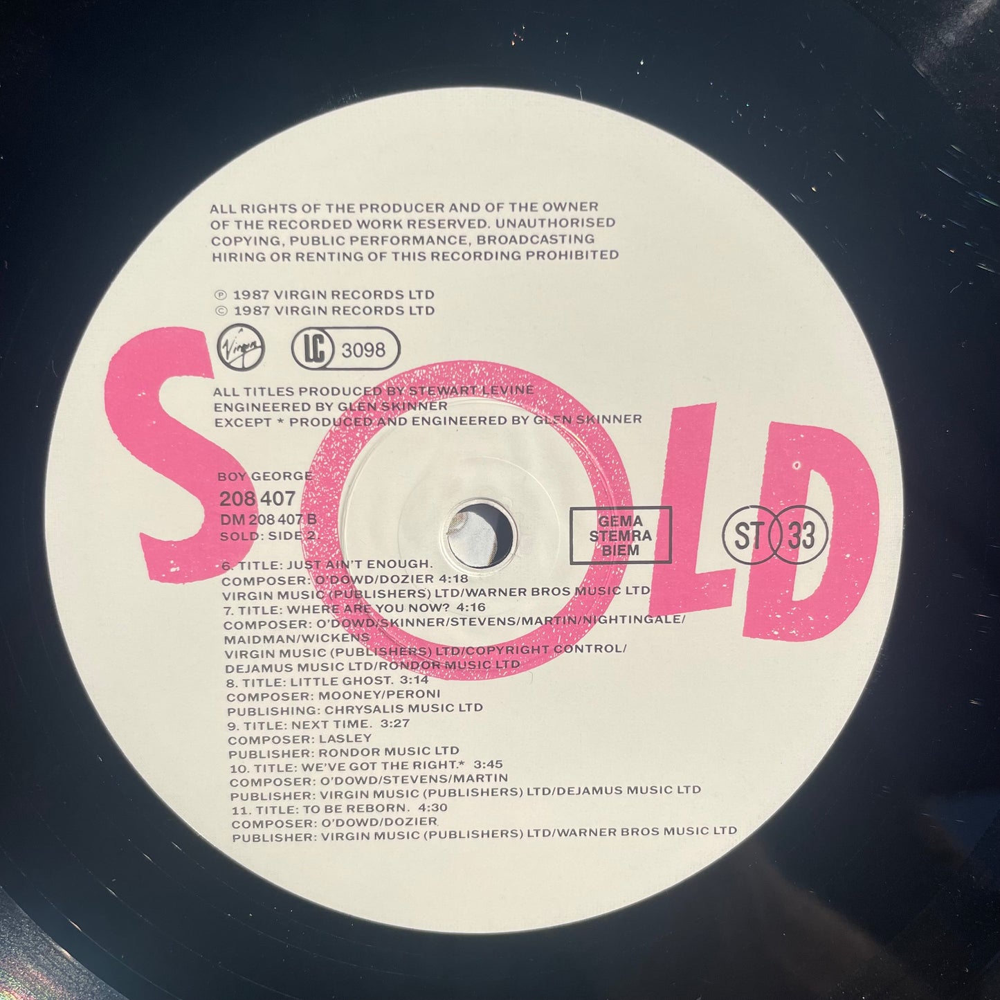 Vinyl Record LP Boy George Sold 1987