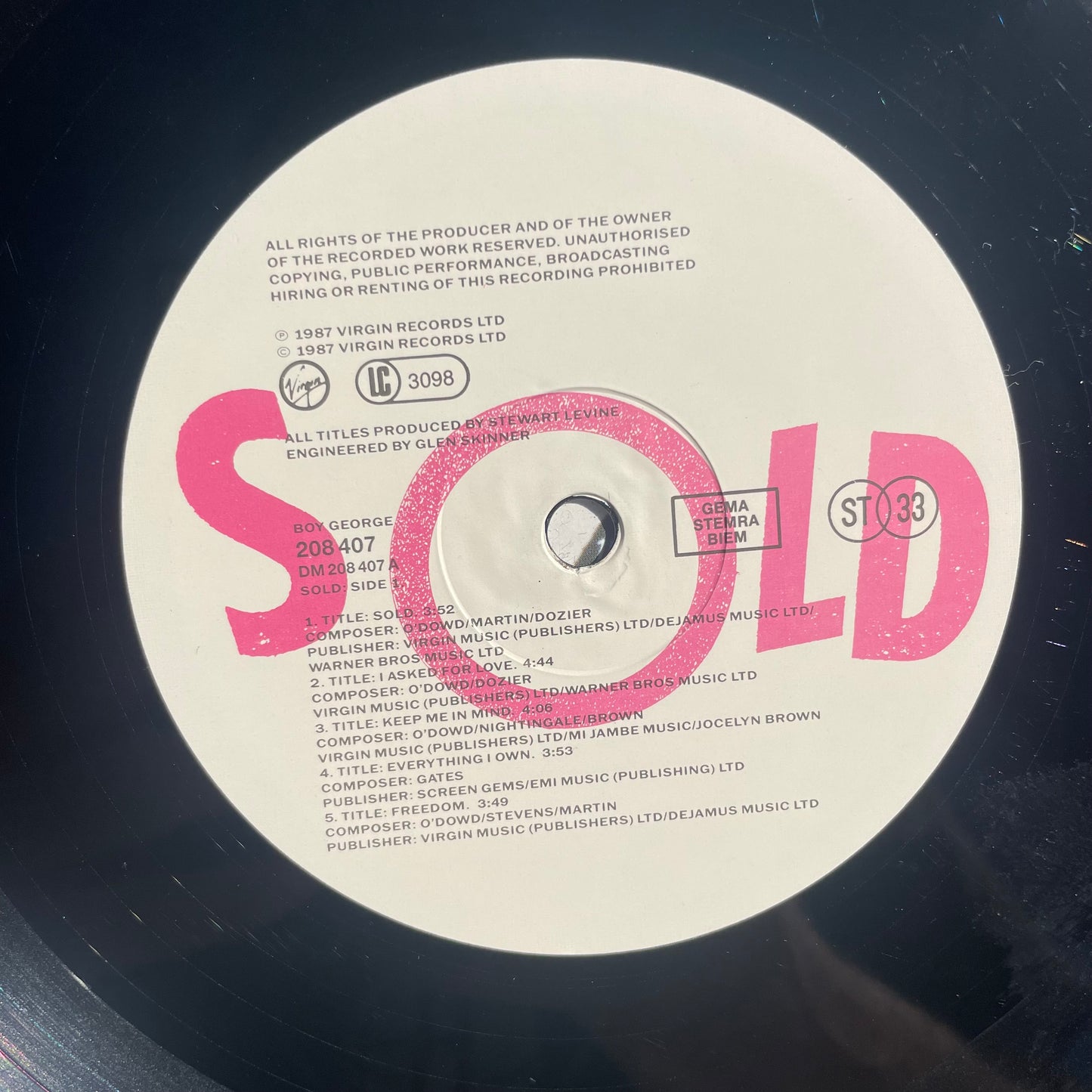 Vinyl Record LP Boy George Sold 1987