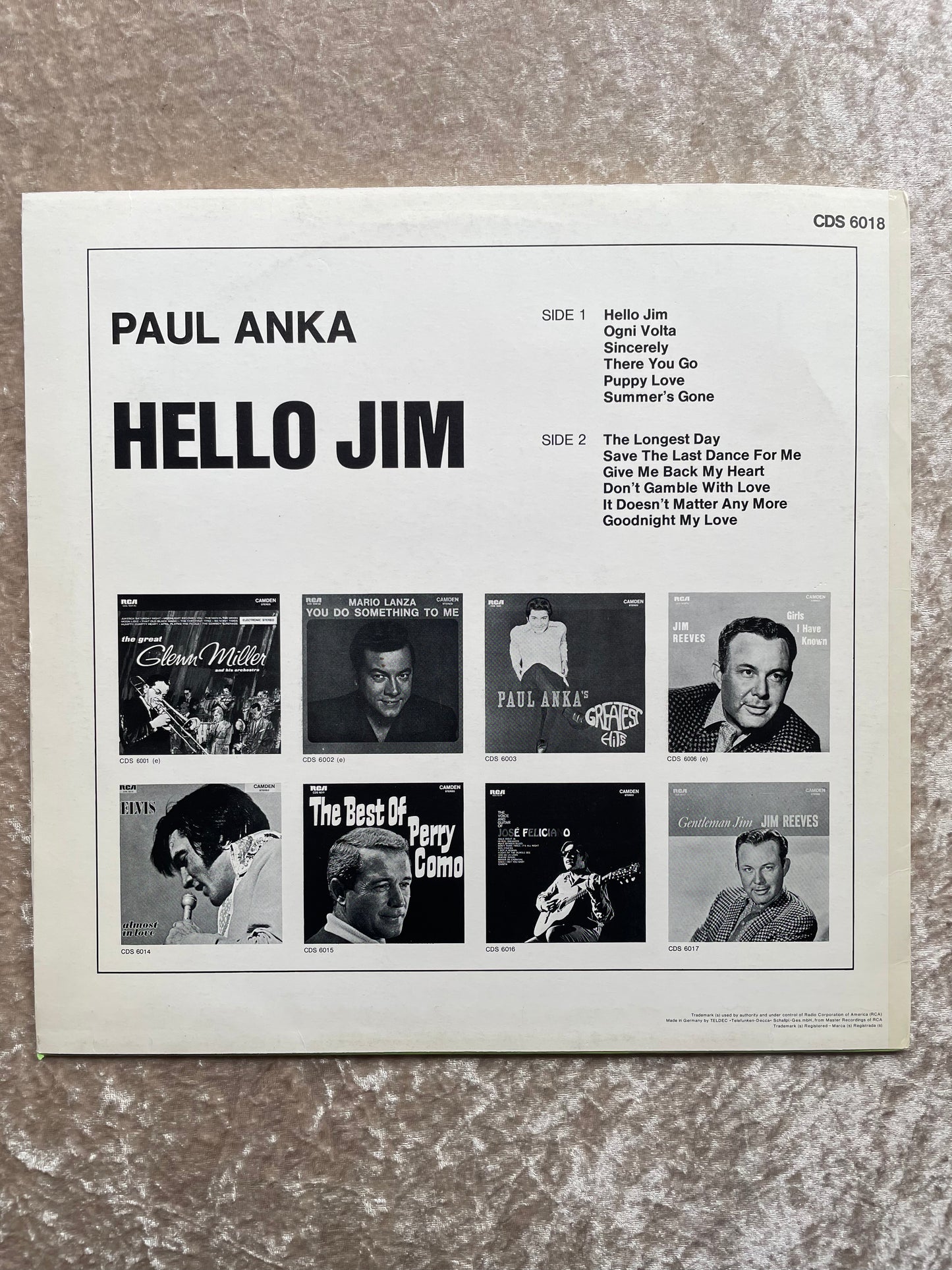 Vinyl Record LP Paul Anka Hello Jim