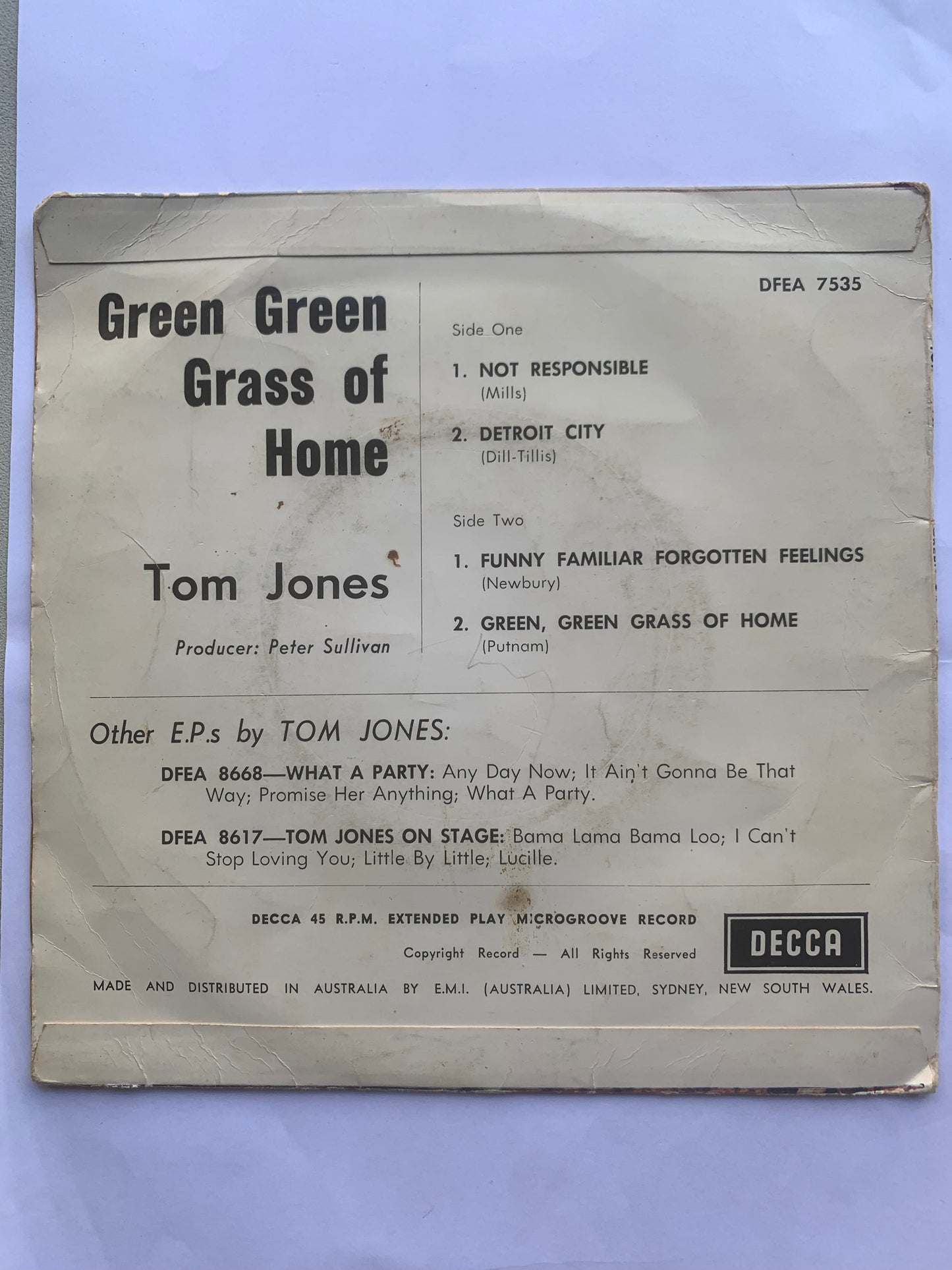 Record Single Tom Jones Green Green Grass of Home 1967